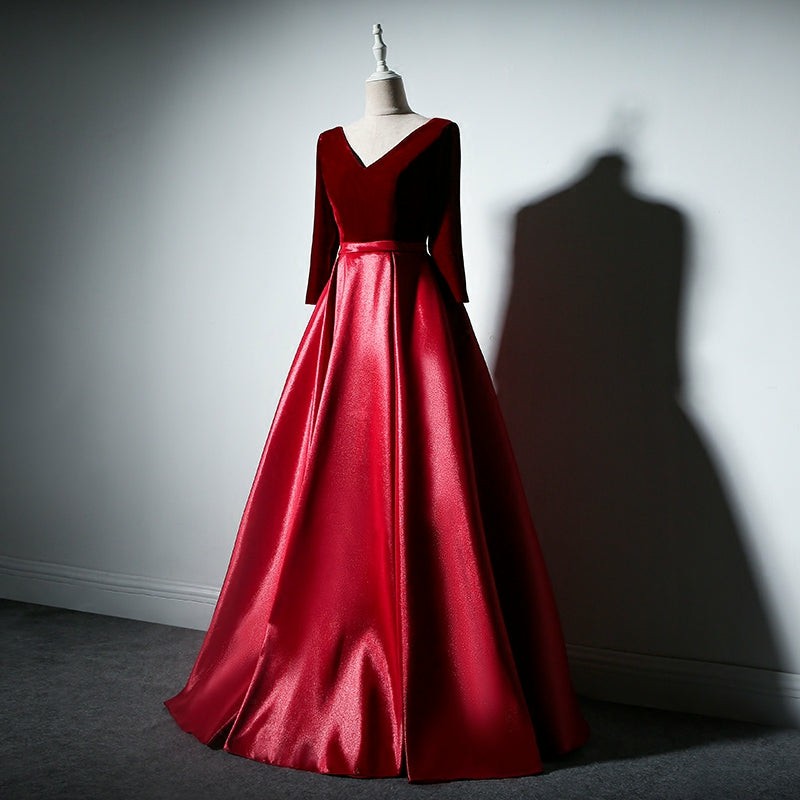 Dark Red Color Velvet and Satin V-neckline Long Prom Dress Evening Dresses, Red Color Bridesmaid Dress